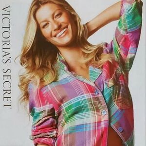 Victoria's Secret Rainbow Stripe Plaid Button-Down Pink Long Sleeve Shirt